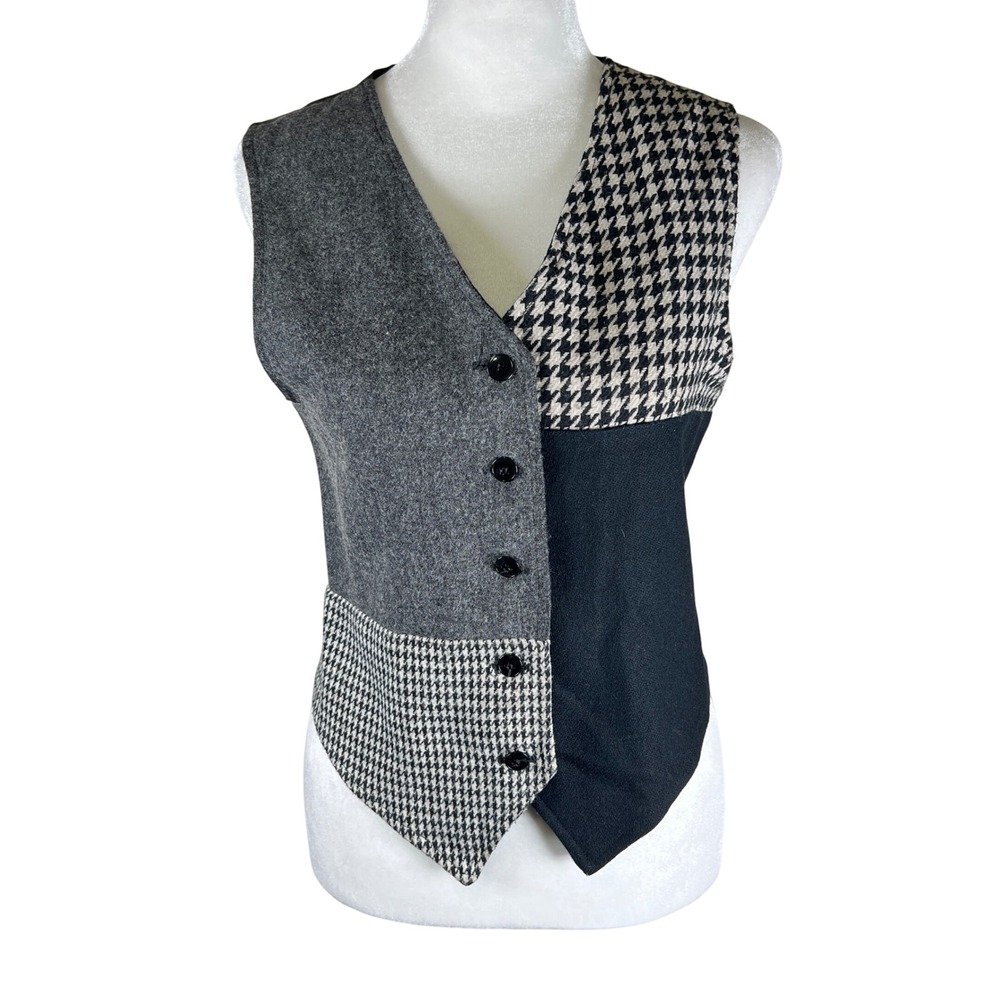Vtg Patchwork Houndstooth Wool Blend Vest Women's Small Black Gray USA Made